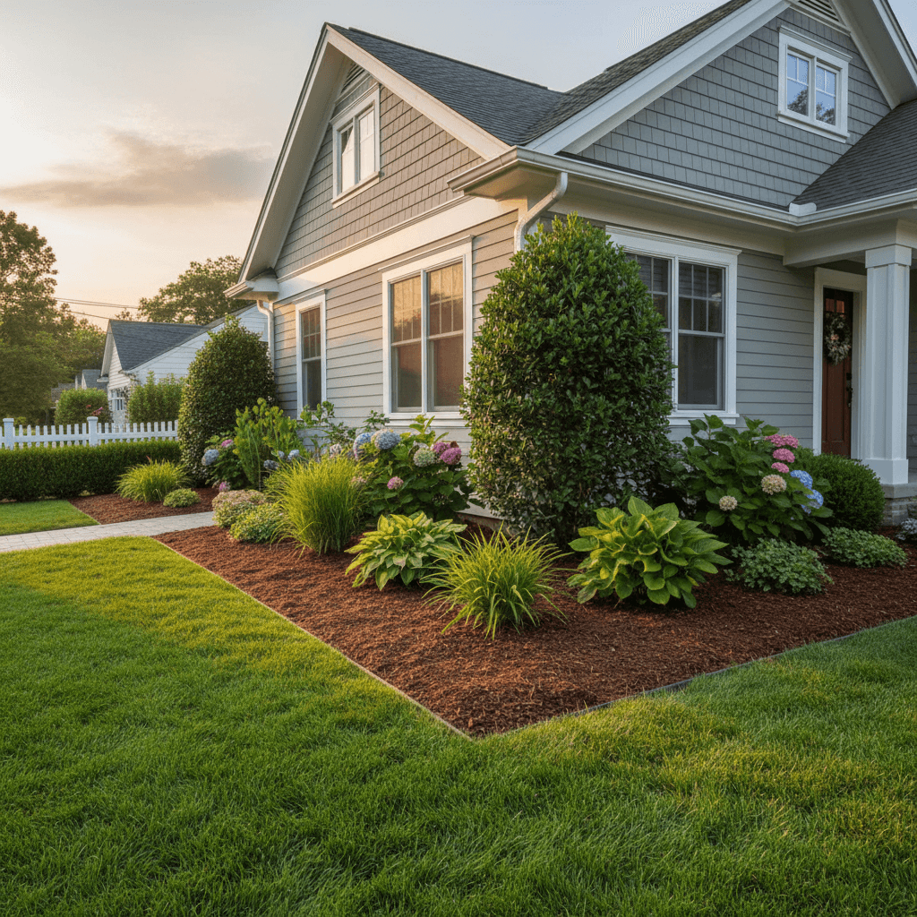 Completed mulch bed refresh along home foundation