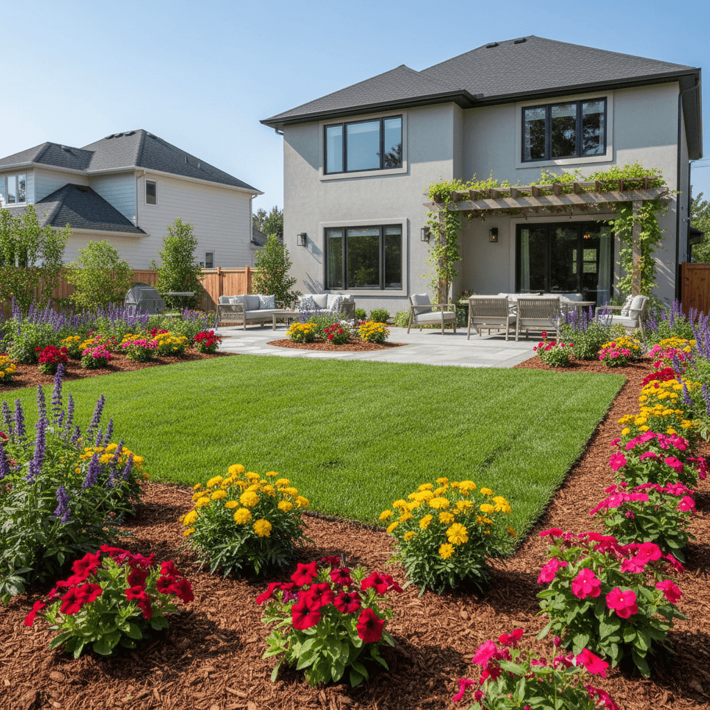 Complete residential landscape project combining sod, garden beds, and mulch