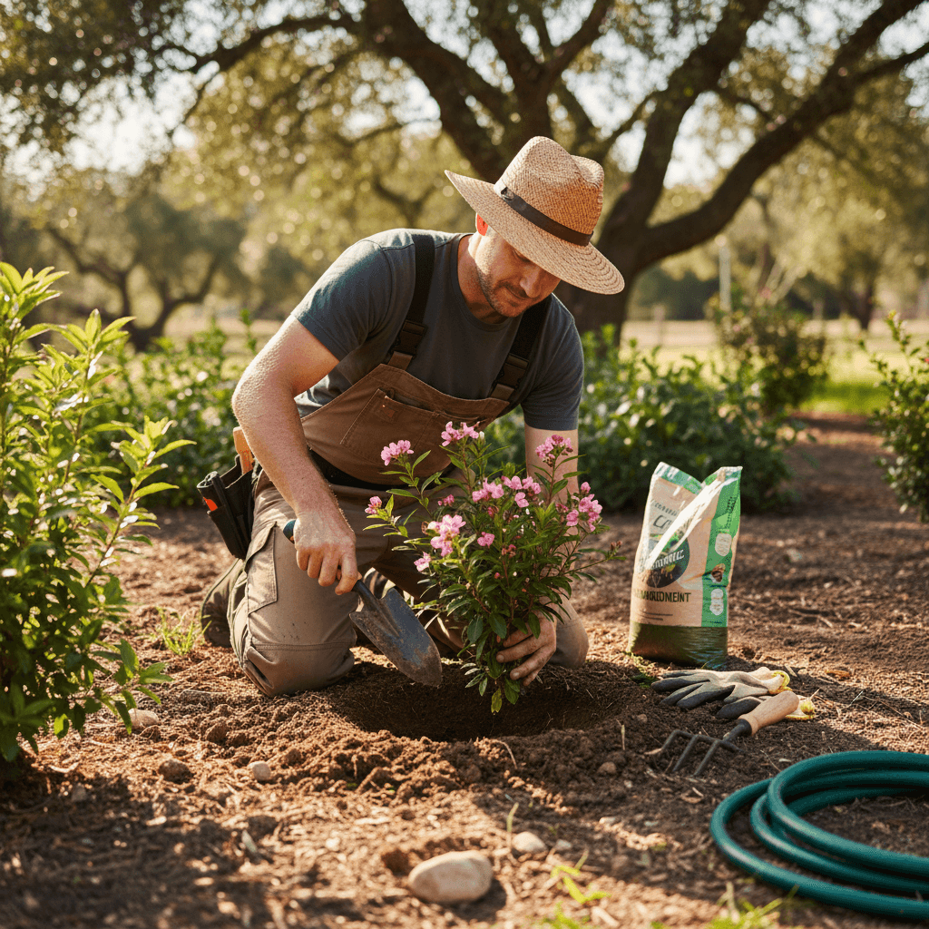 Professional landscaper installing plants in residential garden bed