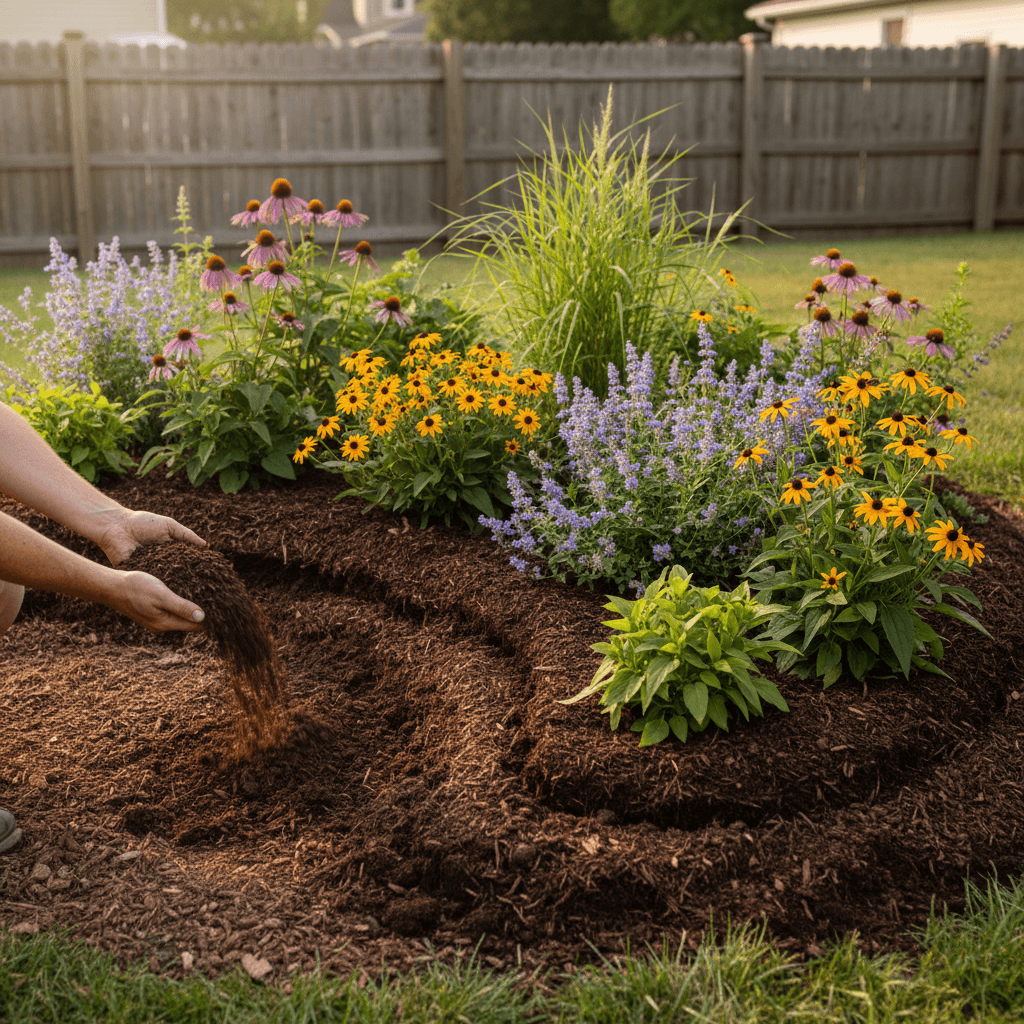 Garden bed design with flowering plants and fresh mulch