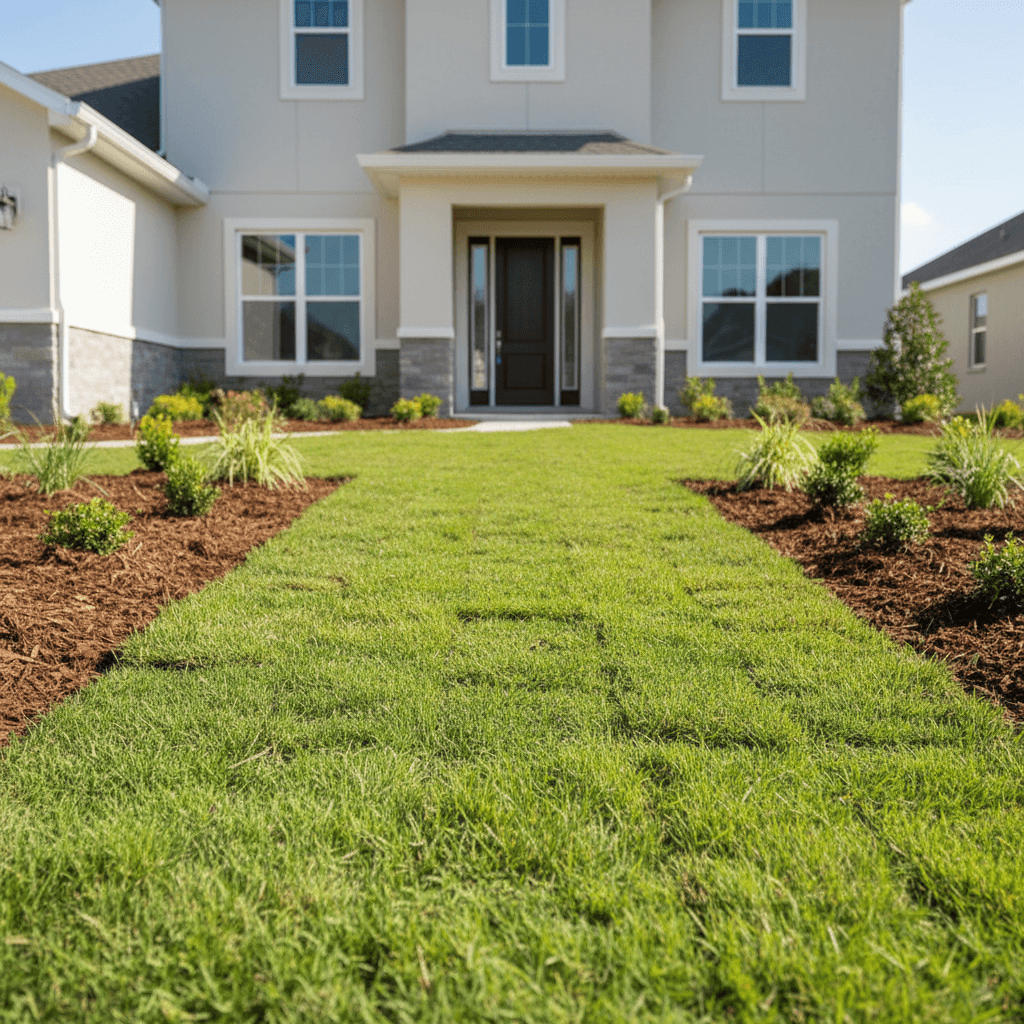 Freshly installed garden bed with young plantings and dark mulch