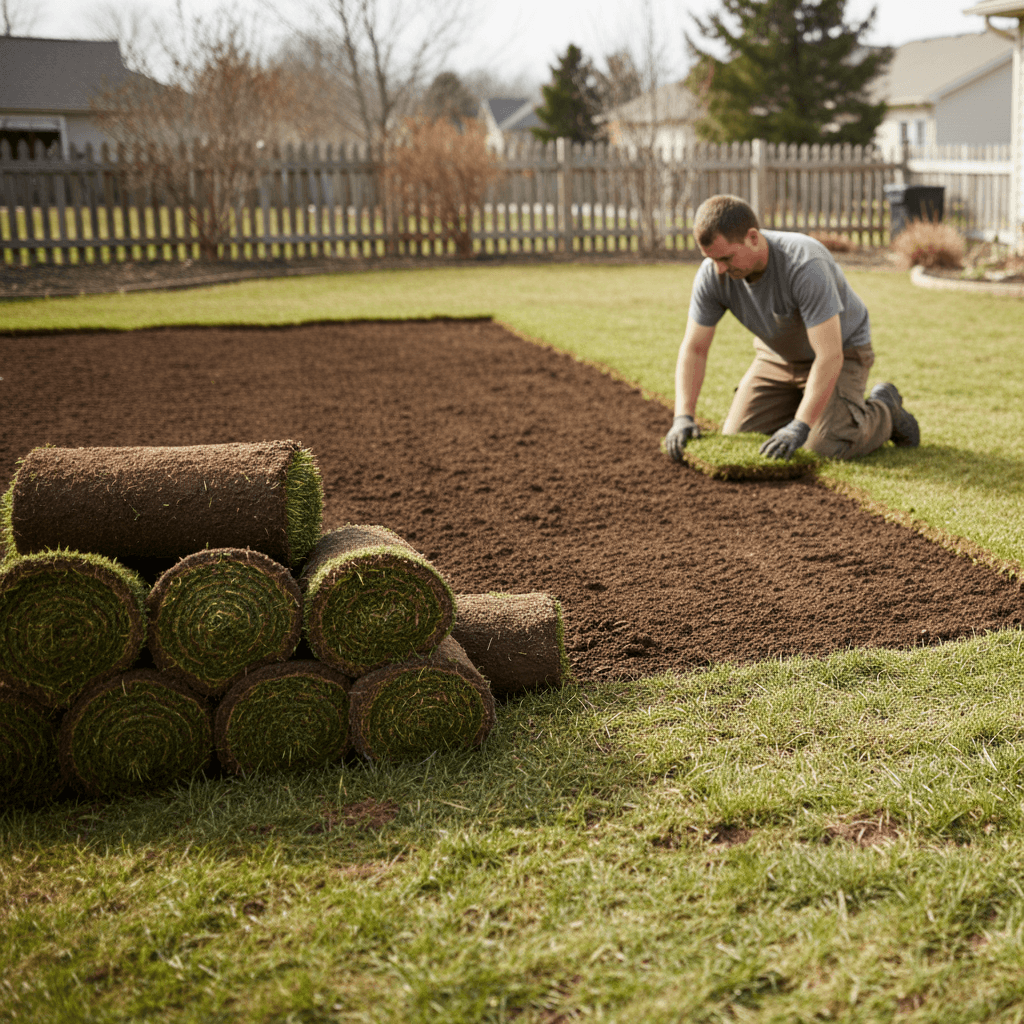 Professional sod installation on residential lawn